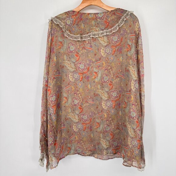 Alain Weiz Womens Floral Silk Blouse lined Lace Trim Ruffle size 20w beige - Picture 13 of 14